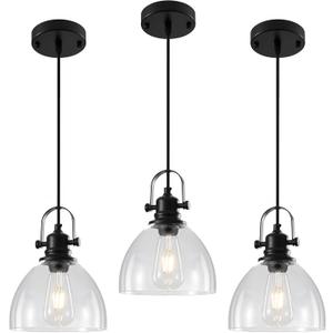 Kitchen Pendant Lighting Over Island 3 Pack, 7.5” Black Pendant Lights Kitchen Island, Farmhouse Glass Pendant Lights Kitchen Island, Industrial Pendant Light for Kitchen, Bedroom, Bathroom