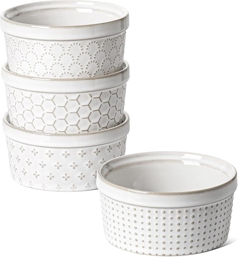 LE TAUCI Ramekins 8 oz, Ramiken for Creme Brulee, Lava Cake, Pudding, Souffle, Pot Pie, Ceramic Baking Dishes, Oven Safe - 4.3 inch, Set of 4, Arctic White
