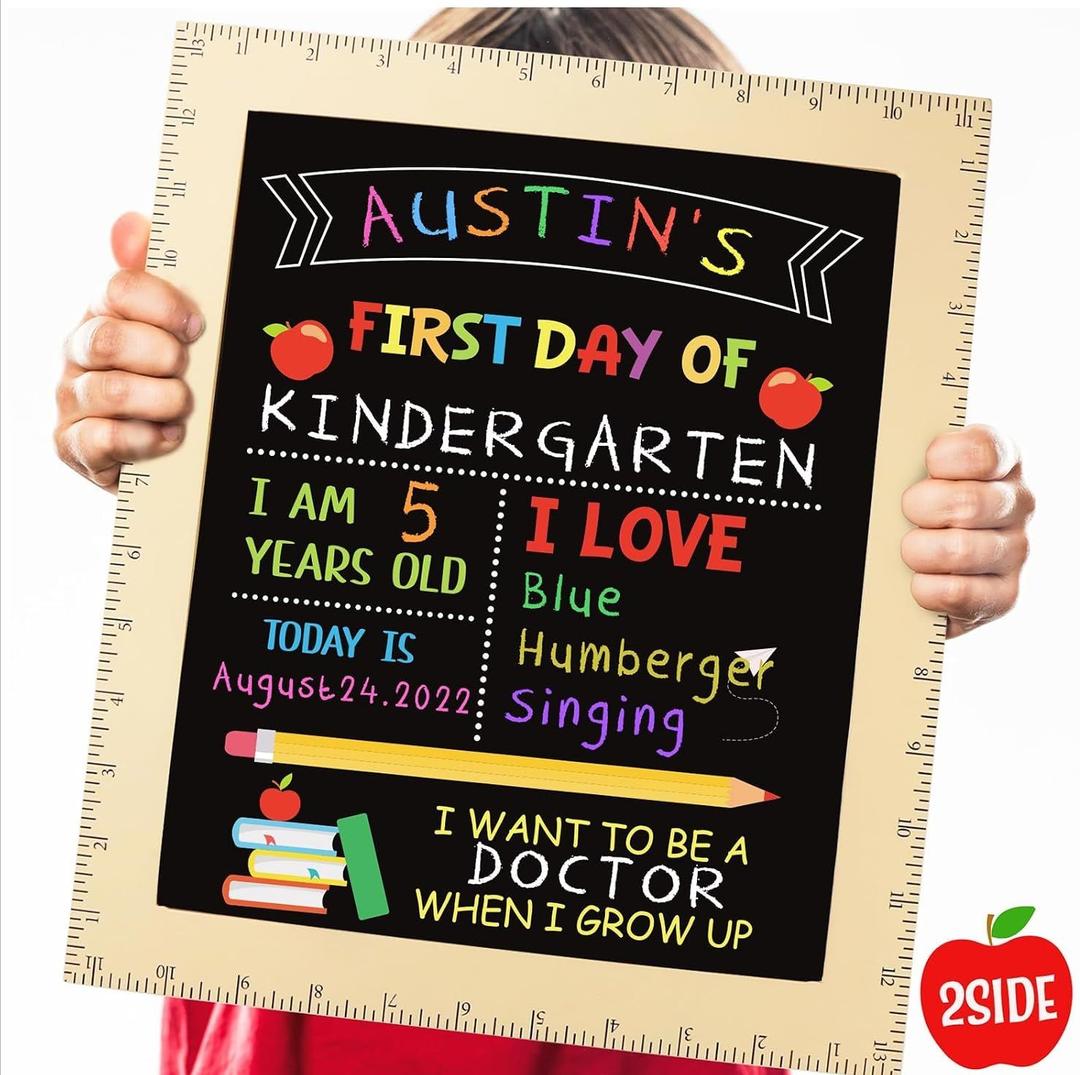 First and Last Day of School Board - First Day of School Sign with Wooden Ruler Frame - 1st Day of Kindergarten Preschool Chalkboard Photo Prop - Back to School Gifts for Kids Girls - 13 x 11 Inch