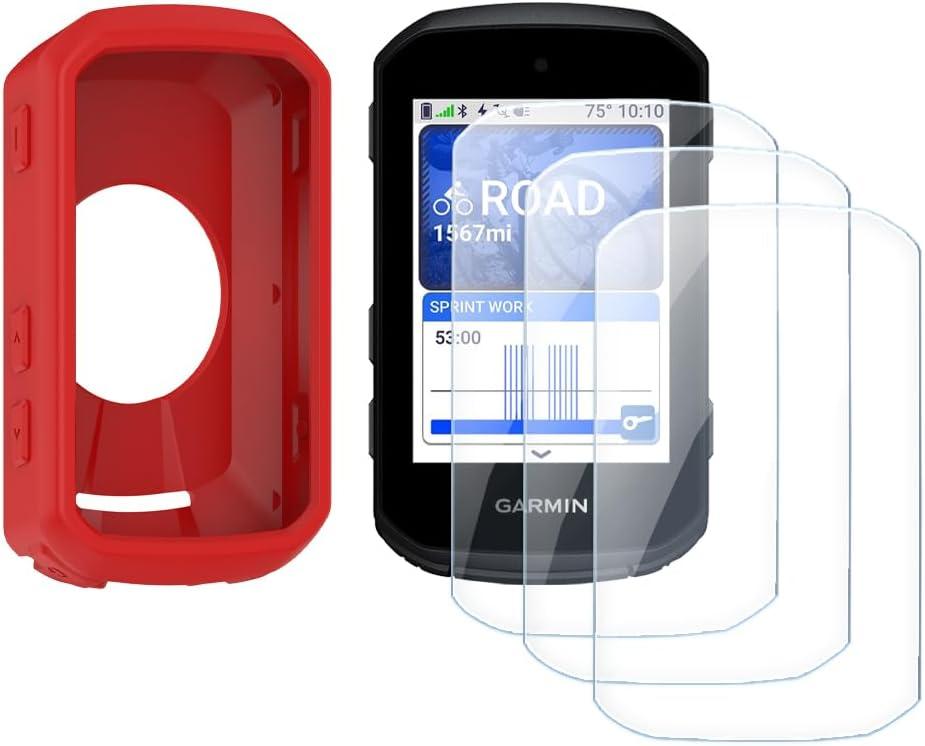 Screen Protector for Garmin Edge 850/Edge 550 GPS (3+1pack) and Silicone Case Cover,Tempered Glass Film Anti-Scratch High Definition Full Coverage (Red)