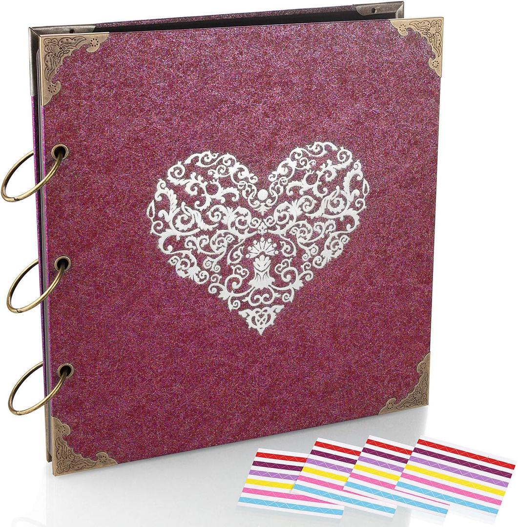 Photo Album and DIY Scrapbook, 10x10 inch 50 Pages Double Sided, Vintage Hardcover Three-Ring Binder Picture Booth Albums with 6 Colors 408pcs Self Adhesive Photos Corners for Memory Keep (Red)