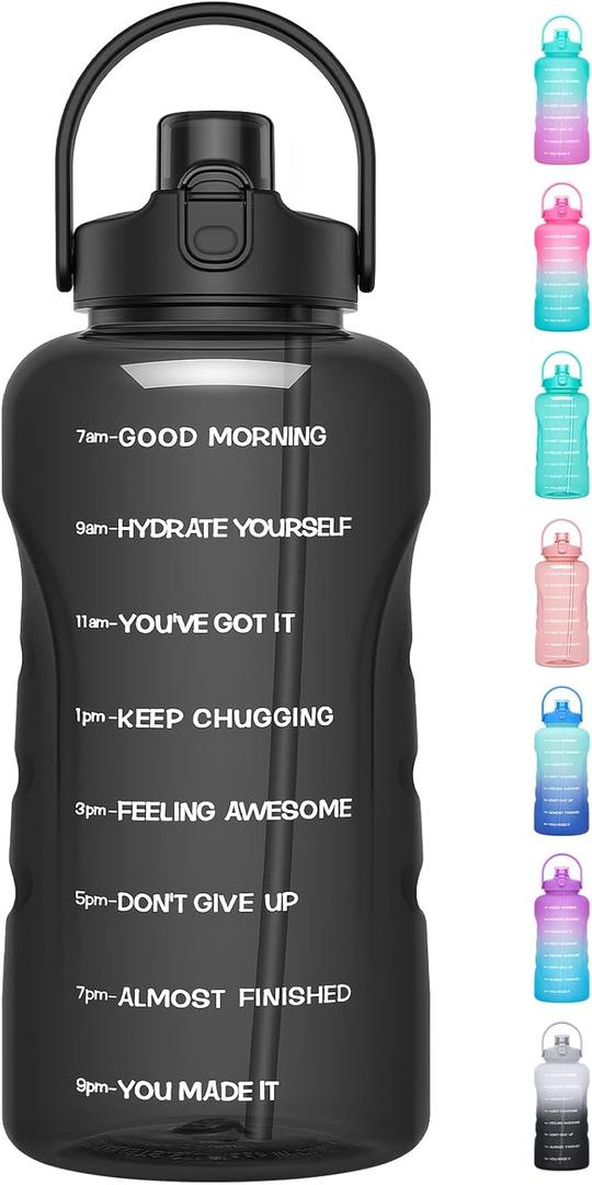 HydroPal 1 Gallon Water Bottles with Straw, 128 oz Water Bottle BPA Free Innovative 2-IN-1 Lid Gym Bottle with Times to Drink Motivational, Large for Sports Fitness Camping Water Jug 13.8X5.5 inch (Obsidian Black)