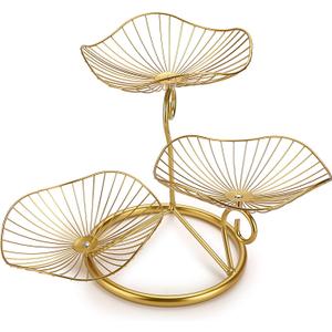 OwnMy 3-Tier Fruit Basket Stand Decorative Iron Fruit Bowl, Metal Wire Fruit Holder Storage Trays Table Countertop Holder for Vegetables Bread Snack, Modern Fruit Bowls for Kitchen Home Use (Gold)