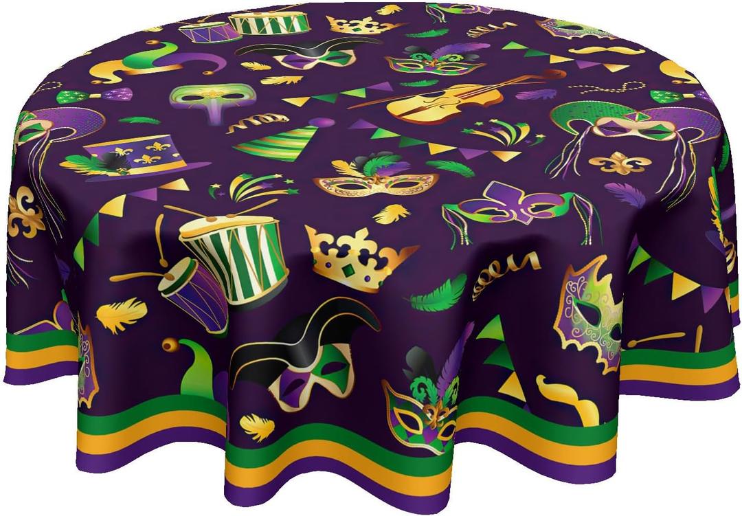 Mardi Gras Tablecloth Round 70 Inch Carnival Fleur De Lis Mask Table Cloth Circle Purple Table Cover Tabletop for Home Decor Dining Room Kitchen Party Picnic