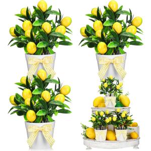 Jexine 3 Set Summer Fruits Lemon Tiered Tray Decor Artificial Lemon Plant Farmhouse Home Decor Mini Fake Etrogplants Mini Vases Tiered Tray Greenery Accessory(Lemon Style)
