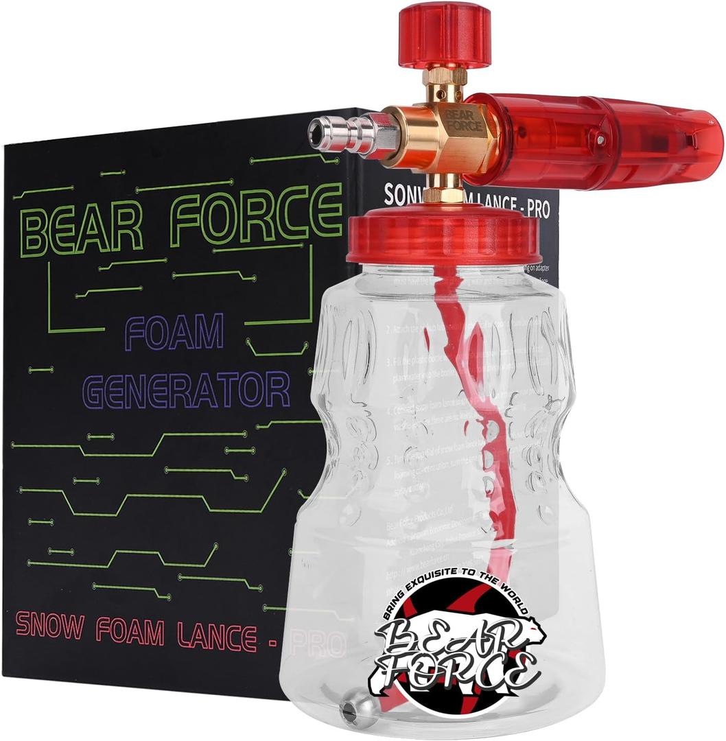 BEAR FORCE Pressure Washer Brass Foam Cannon Foam Generator Snow Foam Lance with 1/4 Quick Connector & 1.25mm & 1.10mm Orifice Nozzle, 360 Adjustable Thicker Snow Foam with 32 oz Soap Car Wash