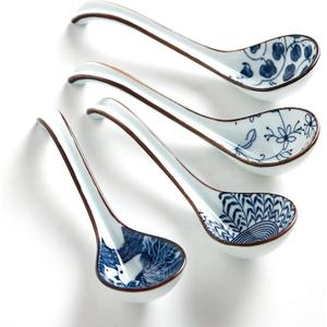 Ceramic Asian Soup Spoons, Easy to Hold, Long Handle Perfect Depth Spoon Set for Japanese Ramen Noodles, Chinese Dumpling, Pho, Miso, Wonton, Dishwasher Safe -Set of 4 - Blue