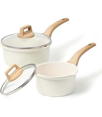 Nonstick Saucepan with Lid, 2QT Sauce Pan, Non Toxic Sauce Pot with Pour Spout for Multipurpose Use, PFOA Free, Induction Compatible Apricot (Natural Linen)