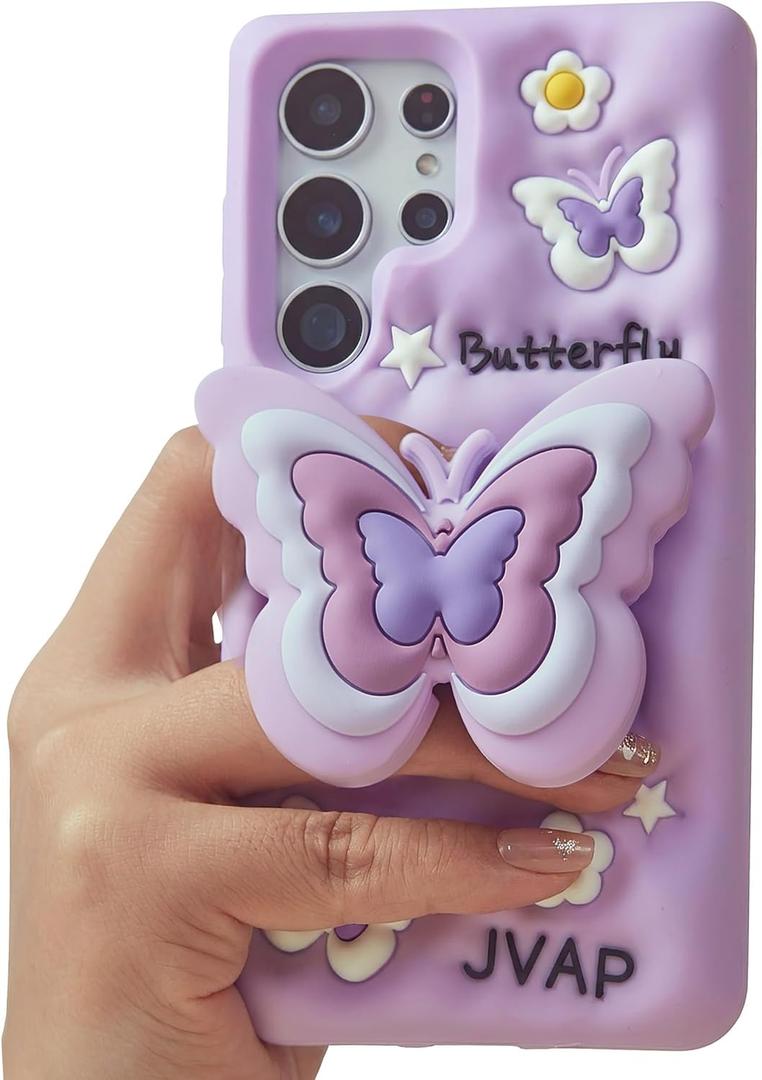 Cute 3D Butterfly Pop-Up Stand and Grip Phone Case for Samsung Galaxy S24 Ultra, Kawaii Cartoon Soft Silicone Phone Cover, Adorable Girly Design for Girls, Kids, Teens, and Women