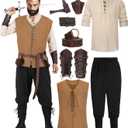 Renaissance Costume Men Adult Medieval Viking Costume Halloween Pirate Costumes Archer Cosplay Outfit Set (Black, M)