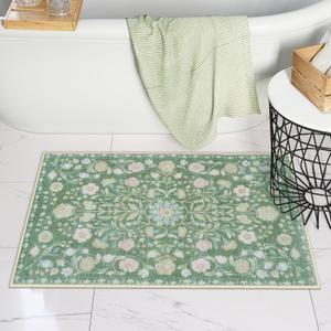 Uphome Boho Bathroom Rugs Green Vintage Bath Rugs Farmhouse Soft Shaggy Non Slip Bath Mat Machine Washable Distressed Floral Bath Mats for Bathroom Toilet Shower Sink, 20x32 inch