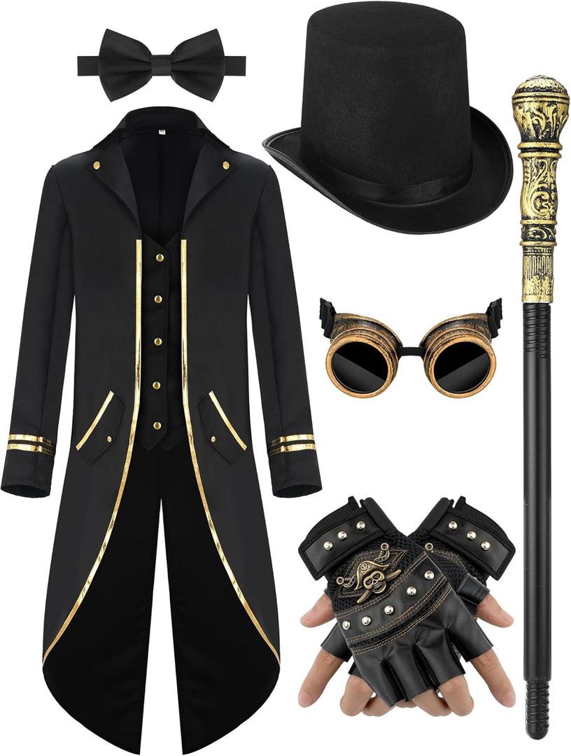 Suhine 6 Pcs Halloween Steampunk Costume Accessories for Men Steampunk Jacket Gothic Top Hat Vintage Bow Tie Goggles Cane Glove for Halloween Cosplay