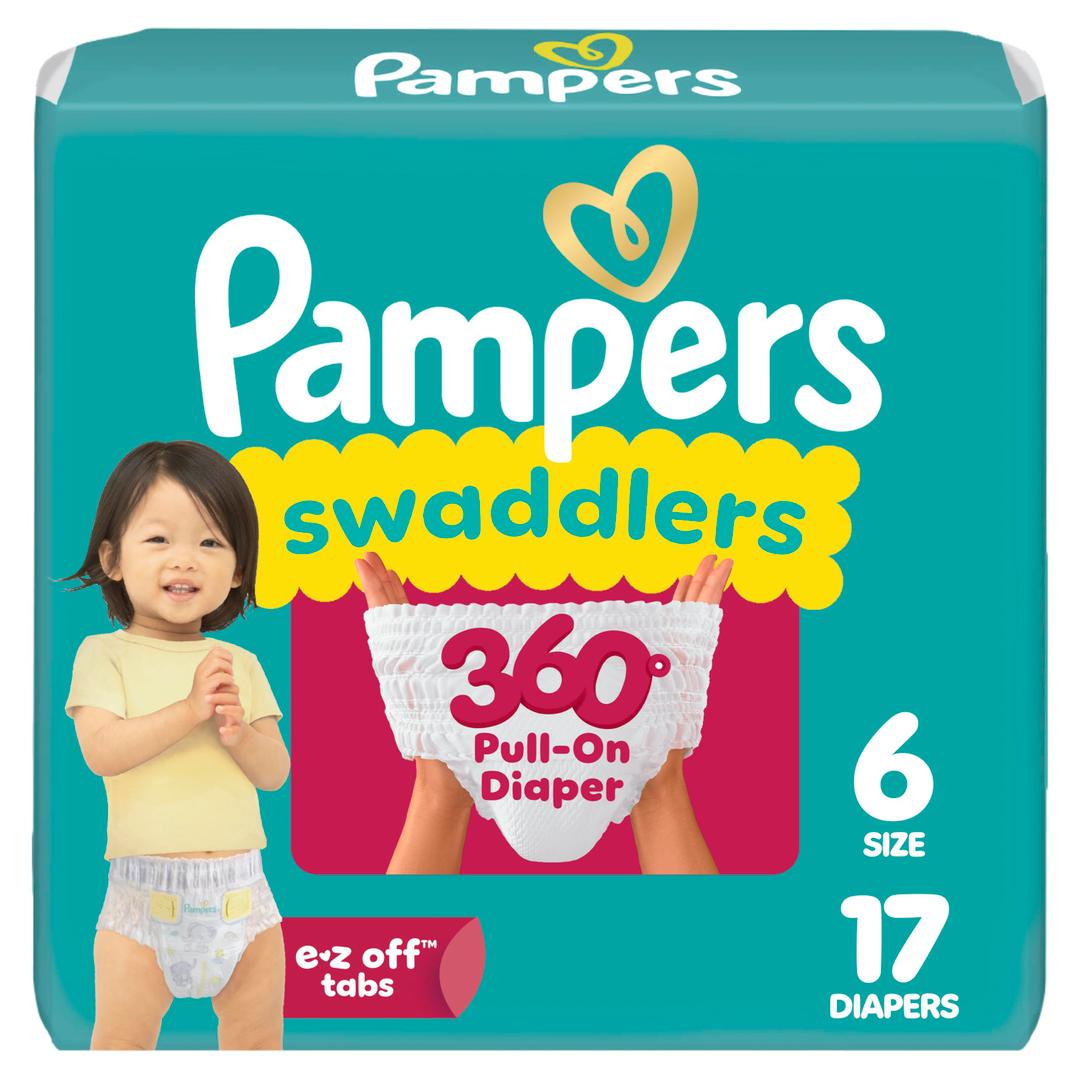 Pampers Diapers - Swaddlers 360° - Size 6, 17 Count, up to 100% Leakproof Comfy Dry Fit, Designed for Easy Changes, Pull On Baby Diaper Pack of 2