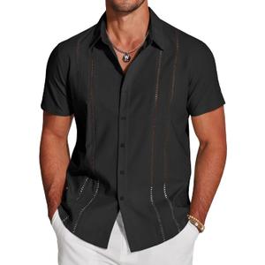 COOFANDY Men's Cuban Guayabera Shirt Short Sleeve Button Down Shirts Casual Summer Beach Linen Shirts (Black)