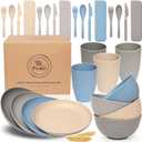 FOODLE Wheat Straw Dinnerware Set - BPA Free & Safety Tested - Microwave & Dishwasher Safe - Perfect for Picnic, Dorm, RV Dishes - Camping Plates Cups and Bowls Set - Great for Kids & Adults - For 4 (Light Grey, Dark Grey, Blue & Beige)