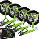 VULCAN Car Tie Down with Flat Hooks - Lasso Style - 2 Inch x 96 Inch - 4 Pack - High-Viz - 3,300 Pound Safe Working Load