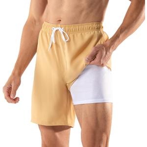 BRISIRA Mens Swim Trunks Swim Shorts 7 inch Compression Liner Bathing Suit Beach Shorts Swimwear Stretch Quick Dry Pockets | 7" Swim Shorts, 2 in 1 Bathing Suit, Anti-Chafe, Soft Stretch Fabric, Beach Swimsuit, Board Shorts, Swim Suits, Drawstring (Yellow, XL)