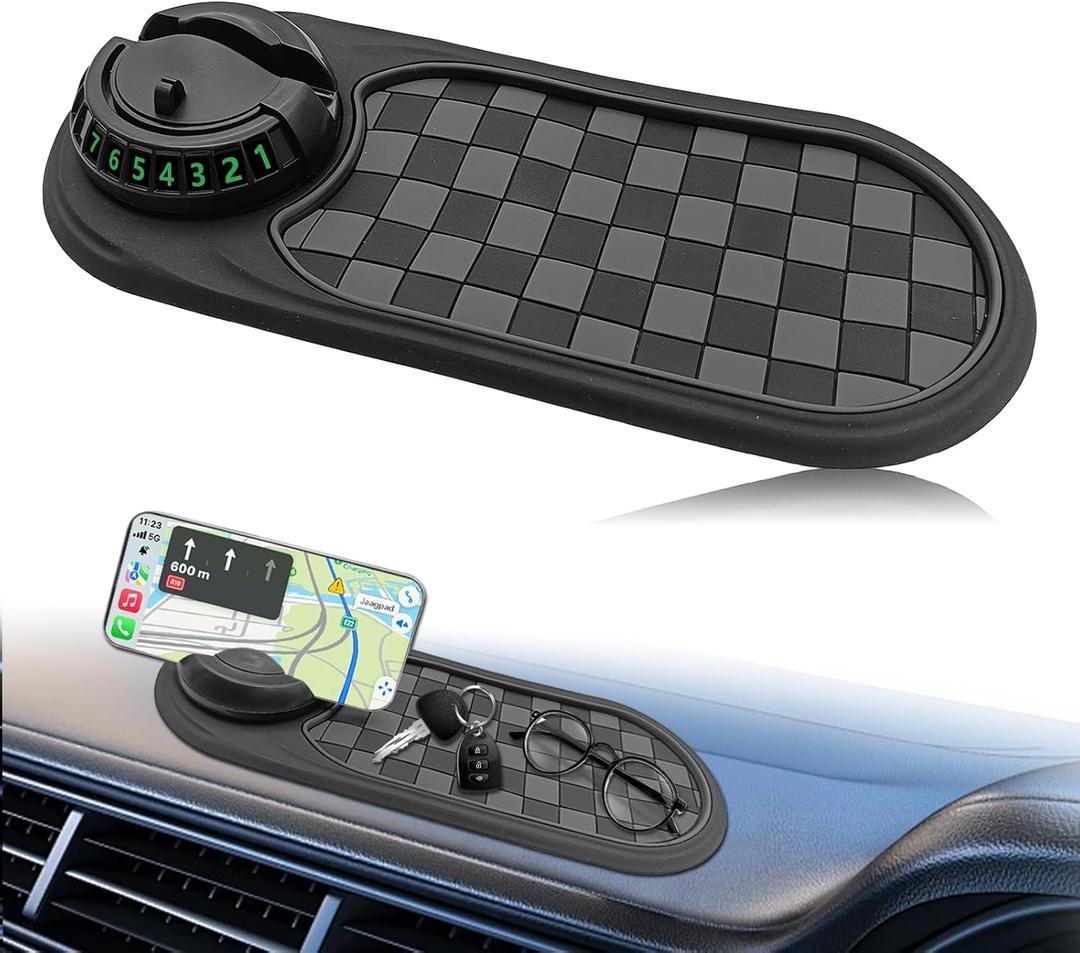 Universal Multifunction Anti-Slip Car Dashboard Mat, Rotatable Car Phone Holder Dashboard Pad with Temporary Parking Number Non-Sticky Mat for Phones Sunglasses Keys Gadgets