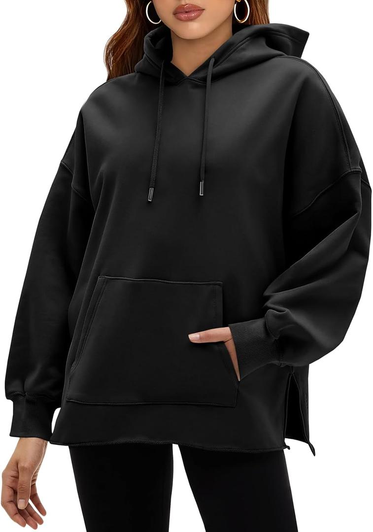 Fisoew Women's Hoodies Oversized Sweatshirts Casual Long Sleeve Side Slit Pullover Tops Fall Winter Outfits with Pocket (Black, XL)