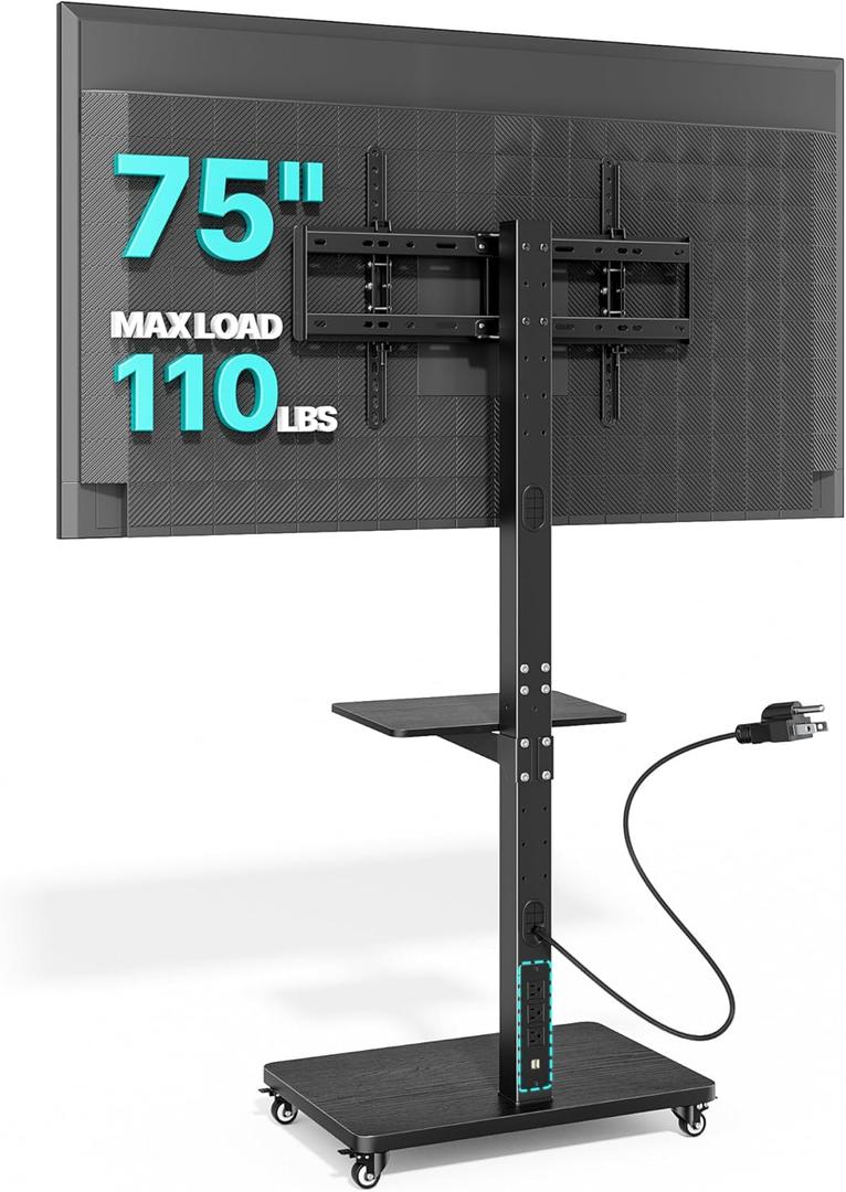 Rolling TV Stand with Power Outlet for 32-75 Inch TVs up to 110 lbs | Mobile TV Stand on Metal Wheels, Tilt & Swivel Portable TV Cart with Mount, Height Adjustable TV Cart with Wire Management