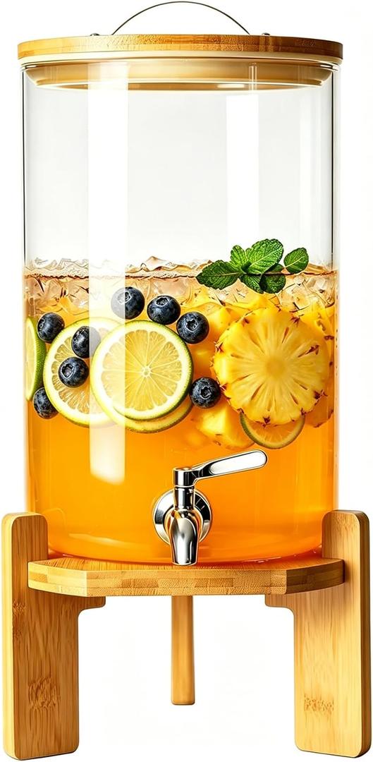 Beverage Dispenser, 2.1Gallon Glass Drink Dispenser with Stand, Stainless Steel Spigot, Ideal for Parties, Bars, Restaurants (8L/2.1 Gallon)