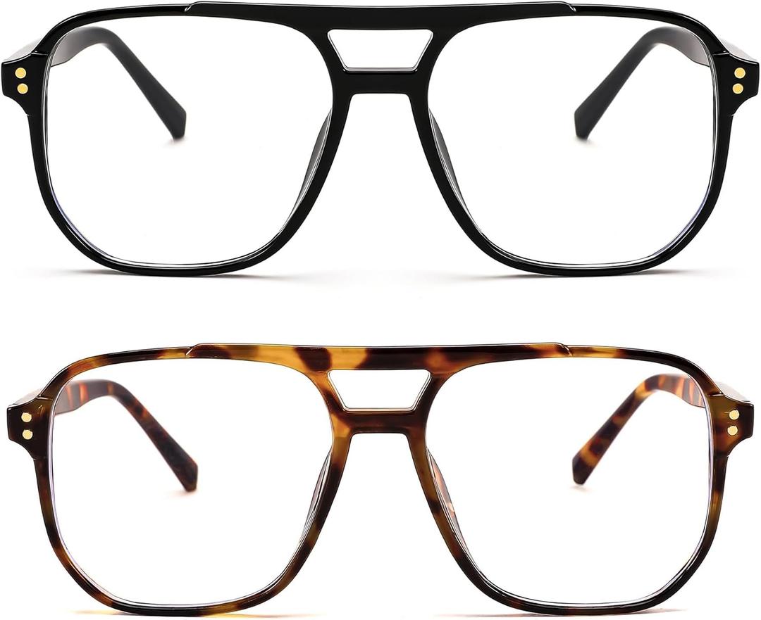 FEISEDY 2Pack Blue Light Blocking Glasses Fake Nerd Clear Square Computer Lightweight Pilot Glasses Frame Oversized B2866 (2pack Black+leopard)