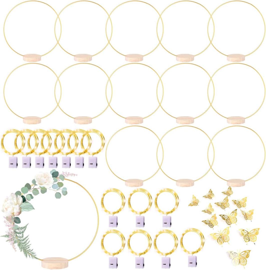 14 Pack Floral Hoop with Stand and LED Fairy Lights 18 inch Metal Rings for DIY Centerpiece Table Decorations Crafts Macrame Rings Hoop Wreath Dream Catcher Rings Wedding Christmas Wreaths, Gold