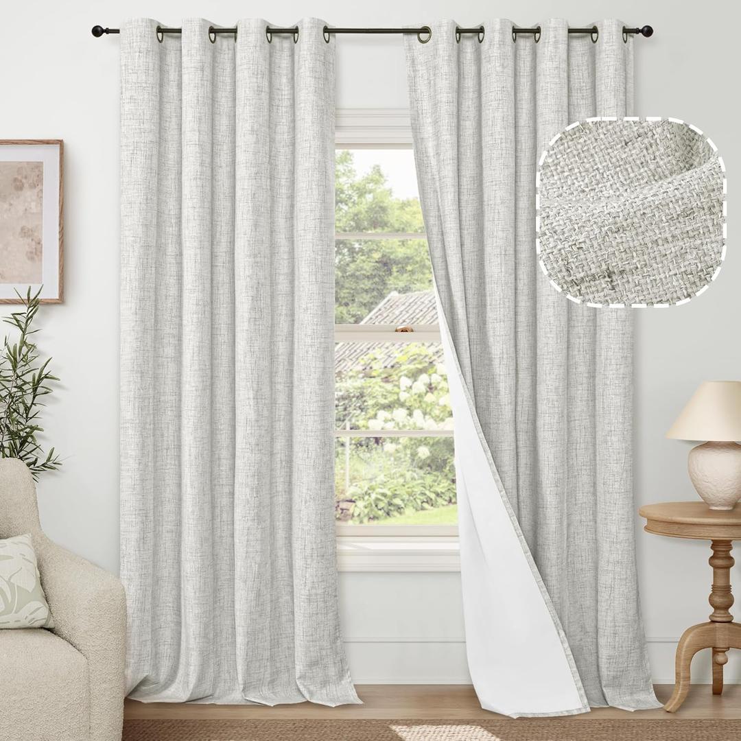 100% Blackout Curtains for Living Room 84 Inch Length 2 Panels Set, Thermal Insulated Light Blocking Boho Faux Linen Window Curtains for Bedroom, Bronze Grommet, Each 52" Wide, Light Grey