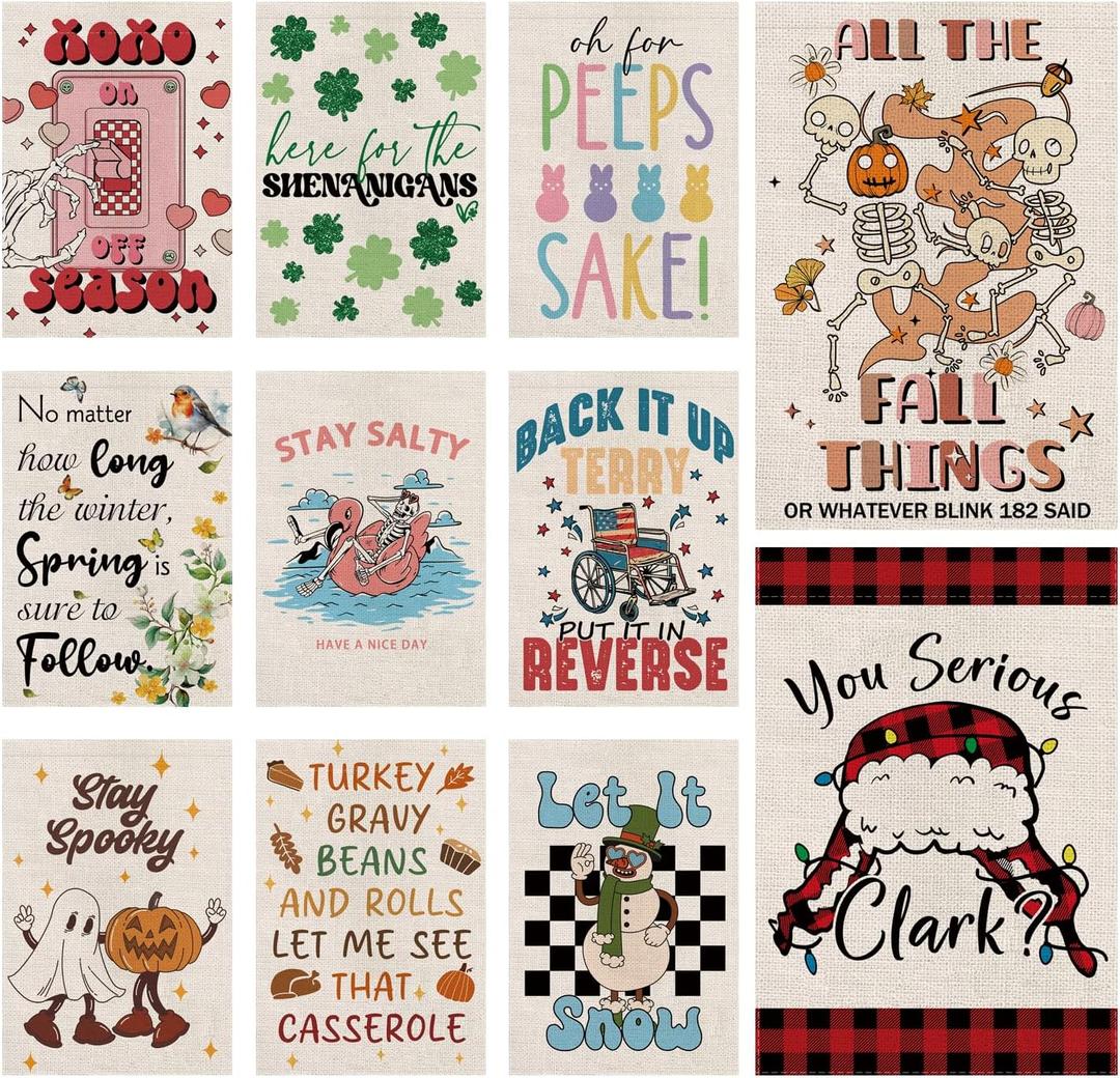 Seasonal Garden Flags Funny Seasonal Double Sided Flags Set of 11 Holiday Farmhouse Indoor Christams Gifts Outdoor Yard Lawn Decorations 12.5x18 Inch