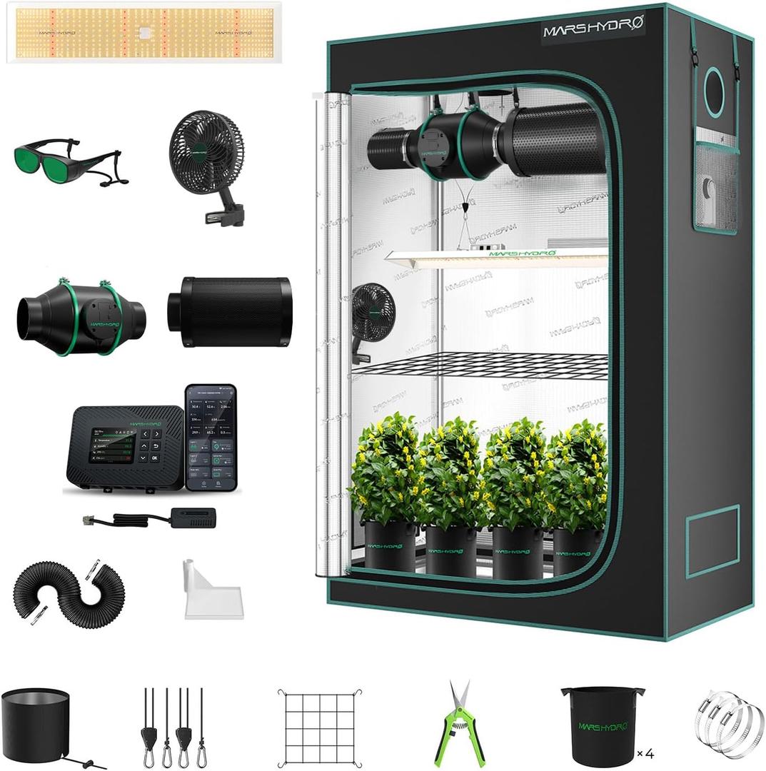 MARS HYDRO 2x4 Grow Tent Kit Complete System with Smart Controller 43,300W TSL2000 LED Programmable&Dimmable Grow Light,48"x24"x71" 1680D High Reflective Mylar,4inch Customized Ventilation System