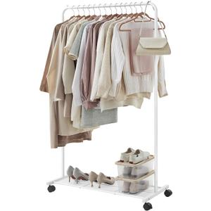 SONGMICS Clothes Rack with Wheels, Clothing Rack for Hanging Clothes, 25.4 mm Metal Garment Rack with Dense Mesh Storage Shelf, 110 lb Load Capacity, 2 Brakes, Cloud White UHSR025W01