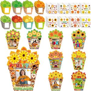 Soaoo 96 Pcs Thanksgiving Picture Frames Craft Kits, 48 Fall Flowers DIY Photo Frame and 48 Happy Thanksgiving Stickers Autumn Maple Leaf Pumpkin Gifts Craft for Fall Autumn Party Supplies Decoration, 6.3 x 4.7 inches