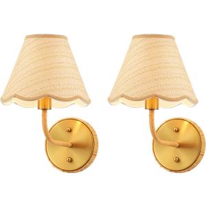 Elycucpa Boho Hand Woven Rattan Wall Sconces Set of Two Rustic Industrial Wall Lamp Brass Farmhouse Wall Lights for Bedroom Living Room Hallway Vanity, Dia 11, UL Listed