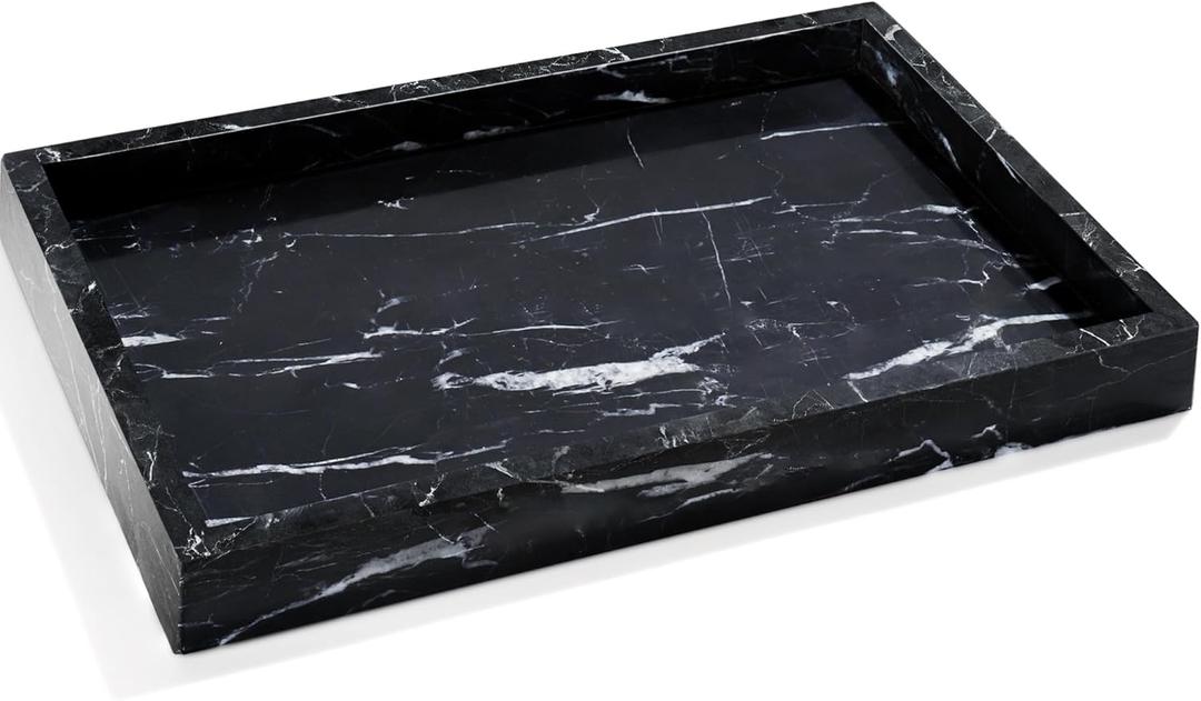 Real Natural Marble Tray for Bathroom, Genuine Marble Stone Vanity Tray, Luxury Storage Trays for Kitchen, Vanity, Home Decor, Dresser, Non-Resin/Non-Ceramic, 12"x 8"x 1.2", Black