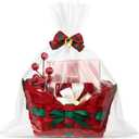 Thyle Christmas Gift Basket Empty Wrapping Set, Red Small Xmas Bamboo Woven Handle Basket with Transparent Gift Bag and Plaid Bow with Bell for Christmas Gifts Holiday Party Decor, 7"x 5" x 4"