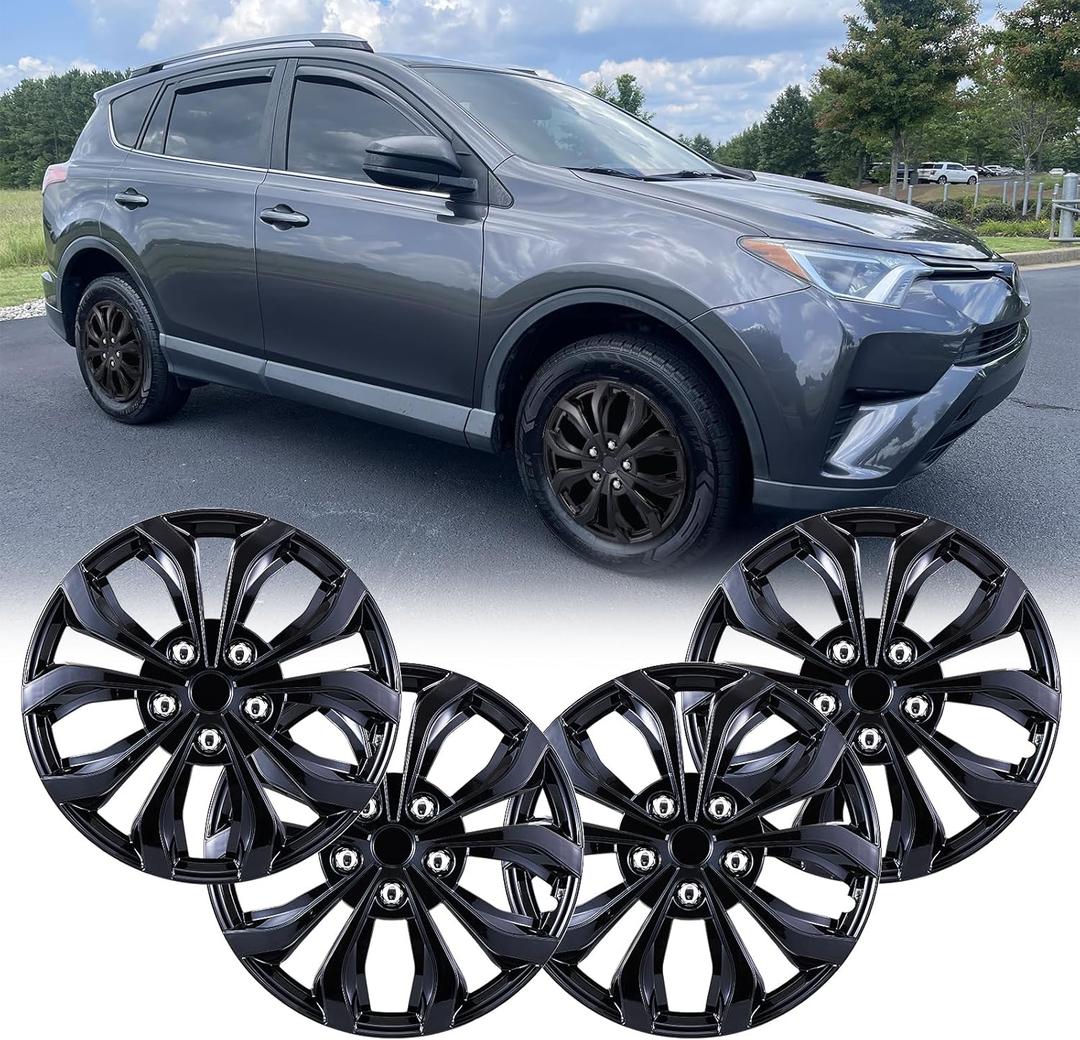Universal 17 Inch Hub caps Wheel Covers for Cars, Set of 4 Fits Most Cars Hubcaps 17" Wheel Rim Cover Replacement Black Lacquer
