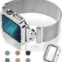 JOYOZY Magnetic Band Compatible with Apple Watch 38mm-46mm Milanese Strap with Bling Glitter Case and Screen Protector Dressy Stainless Steel iWatch Loop for Women (Silver,  46mm)