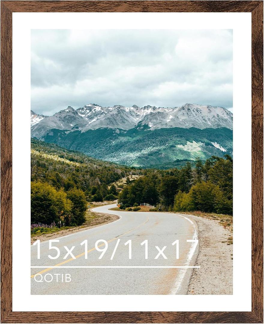 Wood 15x19 Picture Frame with 11x17 Mat Deep Brown, Display 11x17 with Mat or 15x19 Without Mat, Wood 15 by 19 Photo Frame, 15 x 19 Frame for Wall Hanging Display, Deep Brown