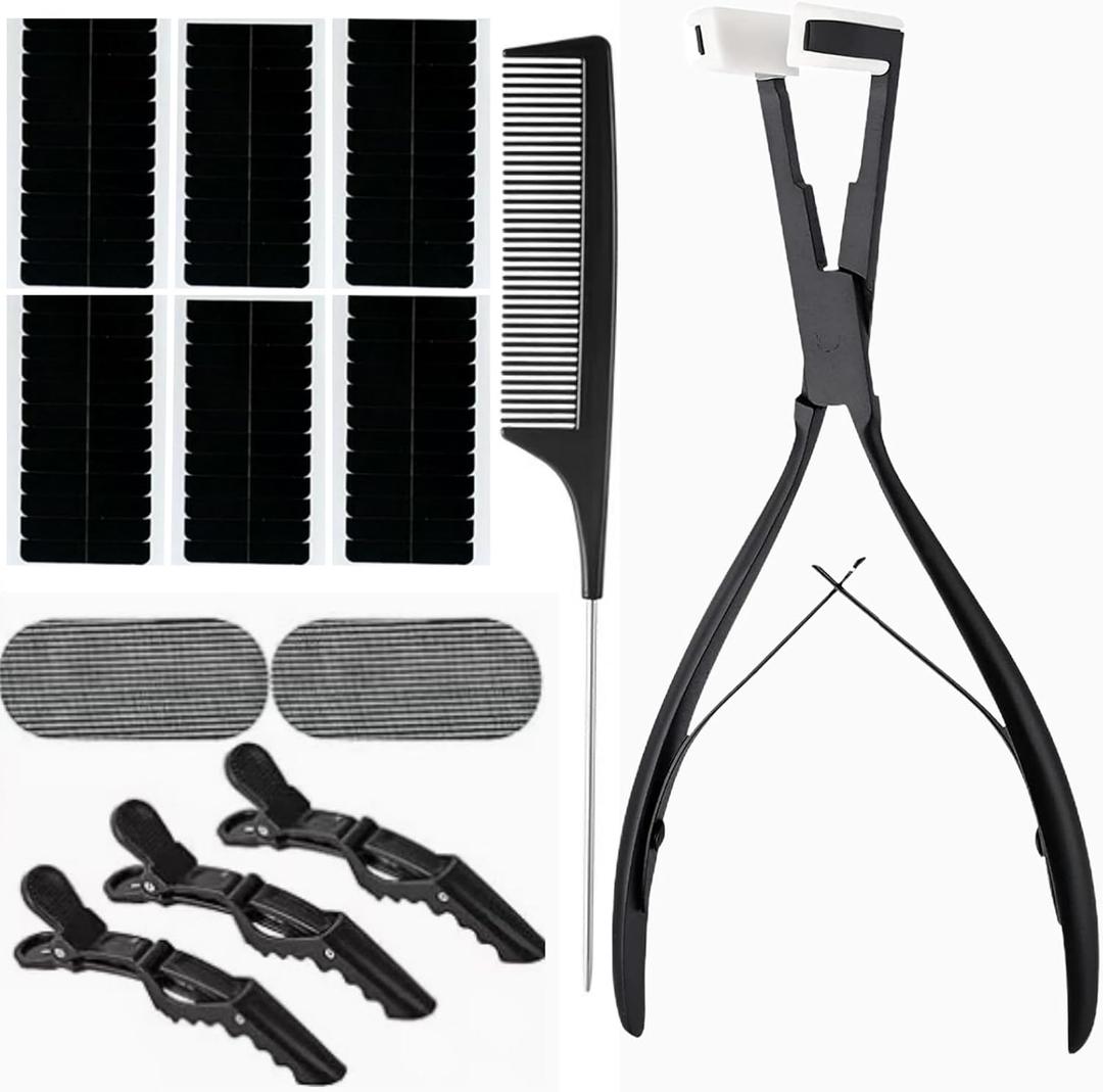 Tape in Hair Extension Tools Kit, Professional Flat Surface Stainless Steel Tape in Hair Extensions Sealing Clamp Plier, Hair Clips, Hair Extensions Styling Tools-Black