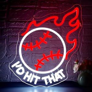 Baseball Neon Sign for Wall Decor Dimmable Baseball On Fire I'd Hit That LED Light Sign Sports Decor for Man Cave Garage Boys Room Sports Signs for Bar Club Gifts for Boys Men Size15.7* 10.9in(FMP119)