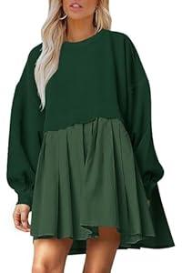 Dokuritu Sweatshirt Dress Women Crew Neck Long Sleeve Patchwork Pullover Tops Flowy Oversized Sweatshirt Mini Dress Green, L