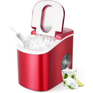 EUHOMY Countertop Ice Maker Machine with Handle, 26lbs Per Day, 9 Ice Cubes Ready in 6 Mins, Auto-Cleaning Portable Ice Maker with Basket and Scoop, for Home/Kitchen/Camping/RV (Red) (11.57"D x 11.42"W x 8.74"H)