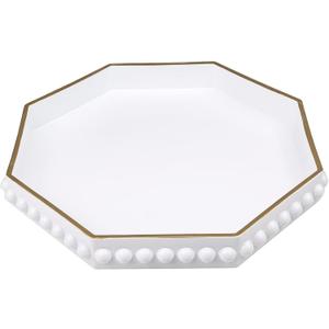 SforGUVA White Serving Tray for Coffee Table, Octagonal Beaded Plastic Decorative Tray for Ottoman, Kitchen Counter, Living Room, Outdoor Lacquer Tray for Entertaining (13" x 13" x 1.6")