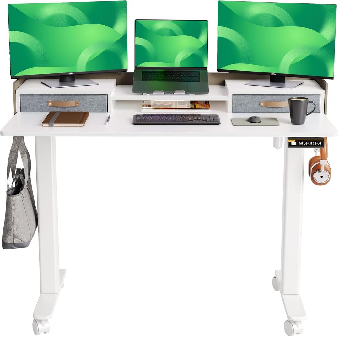 Claiks Standing Desk with Drawers, Stand Up Electric Standing Desk Adjustable Height with Storage Shelf and Splice Board, 48 Inch, White (47.223.6)