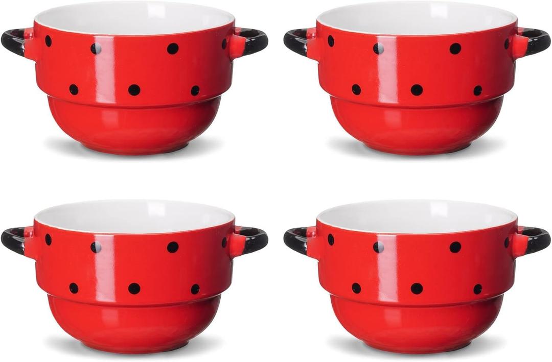 ECODECO 16 oz Ceramic Soup Bowls with Double Handles - Stackable Oven Safe - Red Polka Dot - Set of 4