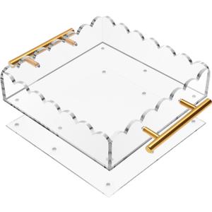 Acrylic Scalloped Tray 8'' X 8'' Acrylic Tray with Magnetic Mat and Handles for Customizable Picture, Scalloped Tray for Bathroom Kitchen Living Room Decor Vanity Perfume