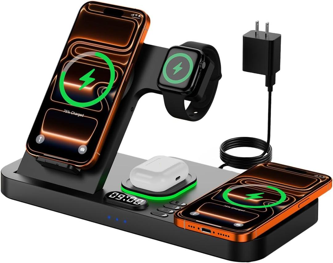 Dual Phone Magnetic Wireless Charging Station for Apple Ecosystem, Wireless Charging Station for Apple Devices with Auto Switch 7-Color Light & Clock,for iPhone17,for iwatch11, for AirPods Pro3(Black