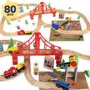 TOY Life Wooden Train Set 80pcs with Magnetic Crane, Wooden Train Tracks Toys for Toddlers Boys Girls 3 4 5, 3 Year Old Boy Gift, Wood Toys Toddler Train for Kids 4-8 - Fits Thomas Brio Chuggington