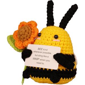 Handmade Crochet Emotional Support Bee with Flower Doll with Inspirational Card - Cute Knitted Positivity Gift for Women, Friends, Kids, Coworkers Unique Office Desk Decoration, Birthday, Christmas