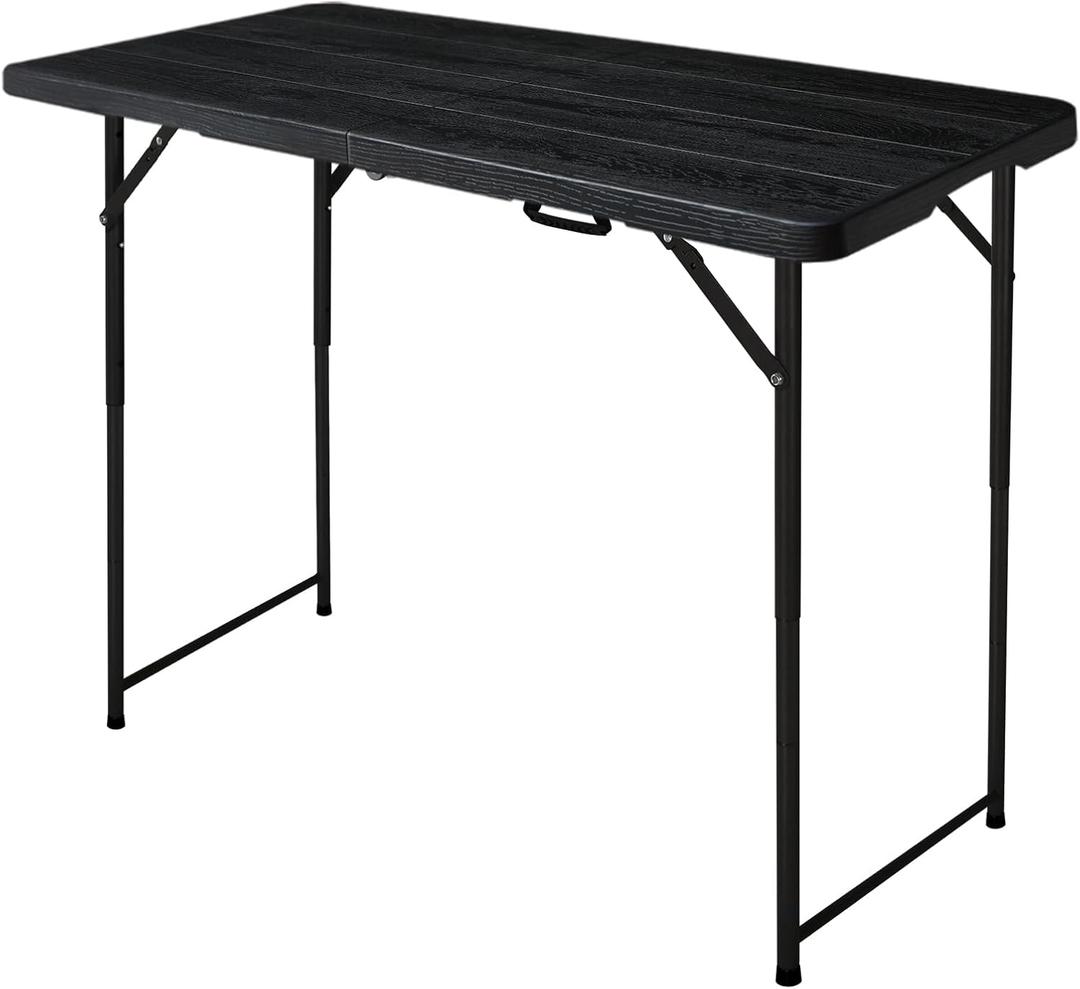 4ft Folding Table, Portable Fold-in-Half Adjustable Height Utility Table for Indoor/Outdoor Use, Durable HDPE & Steel, Stable & Lightweight, Multi-Purpose, Black Woodgrain